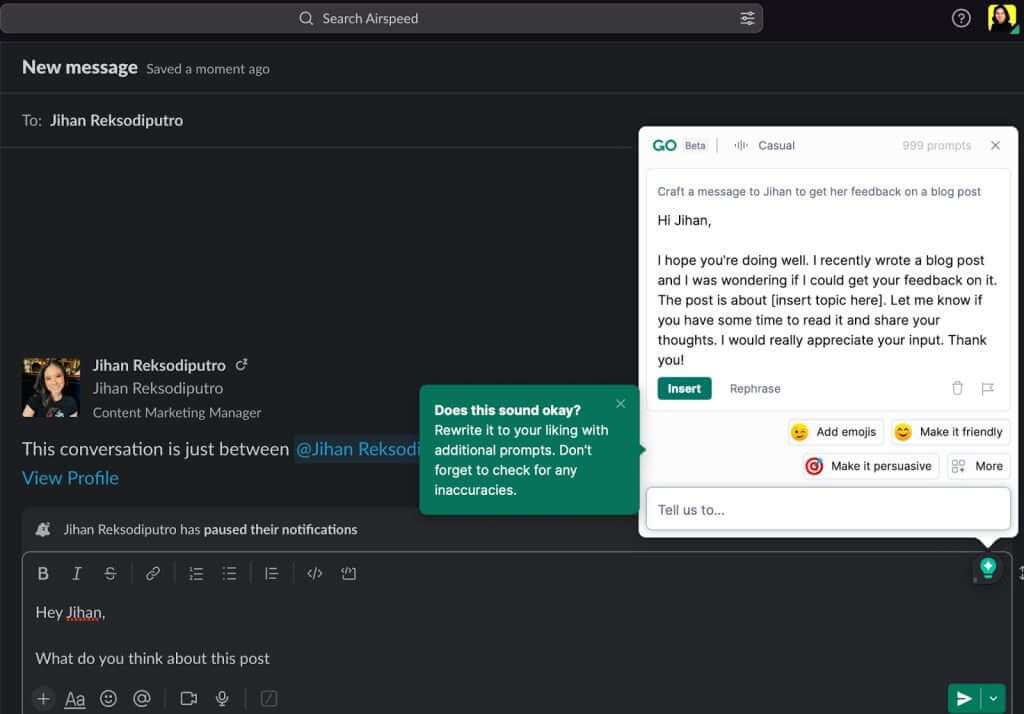 GrammarlyGO’s AI capabilities on Slack
